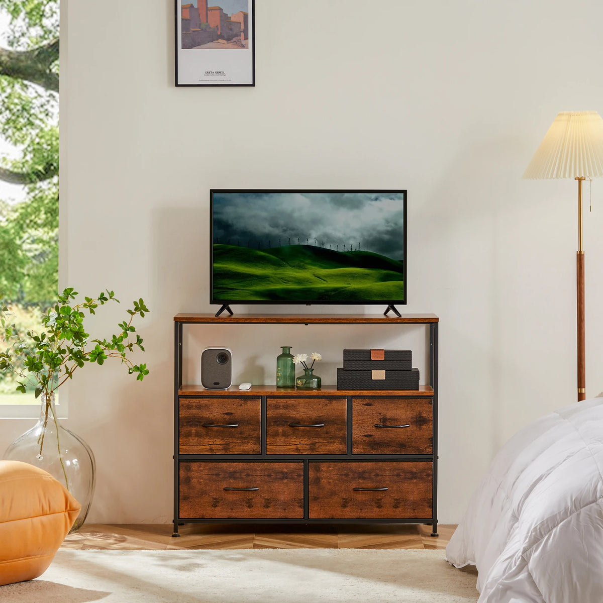 MCQ TV Stand With Fabric Drawers And Open Media Shelf