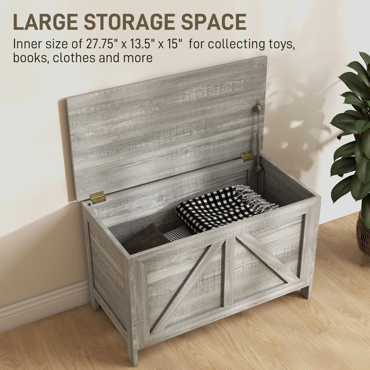 HOMCOM Farmhouse Storage Bench With Lift Top And Safety Hinge