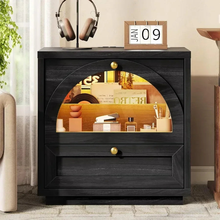 Modern Wood Nightstand With Charging Station, Lights And Arched Glass
