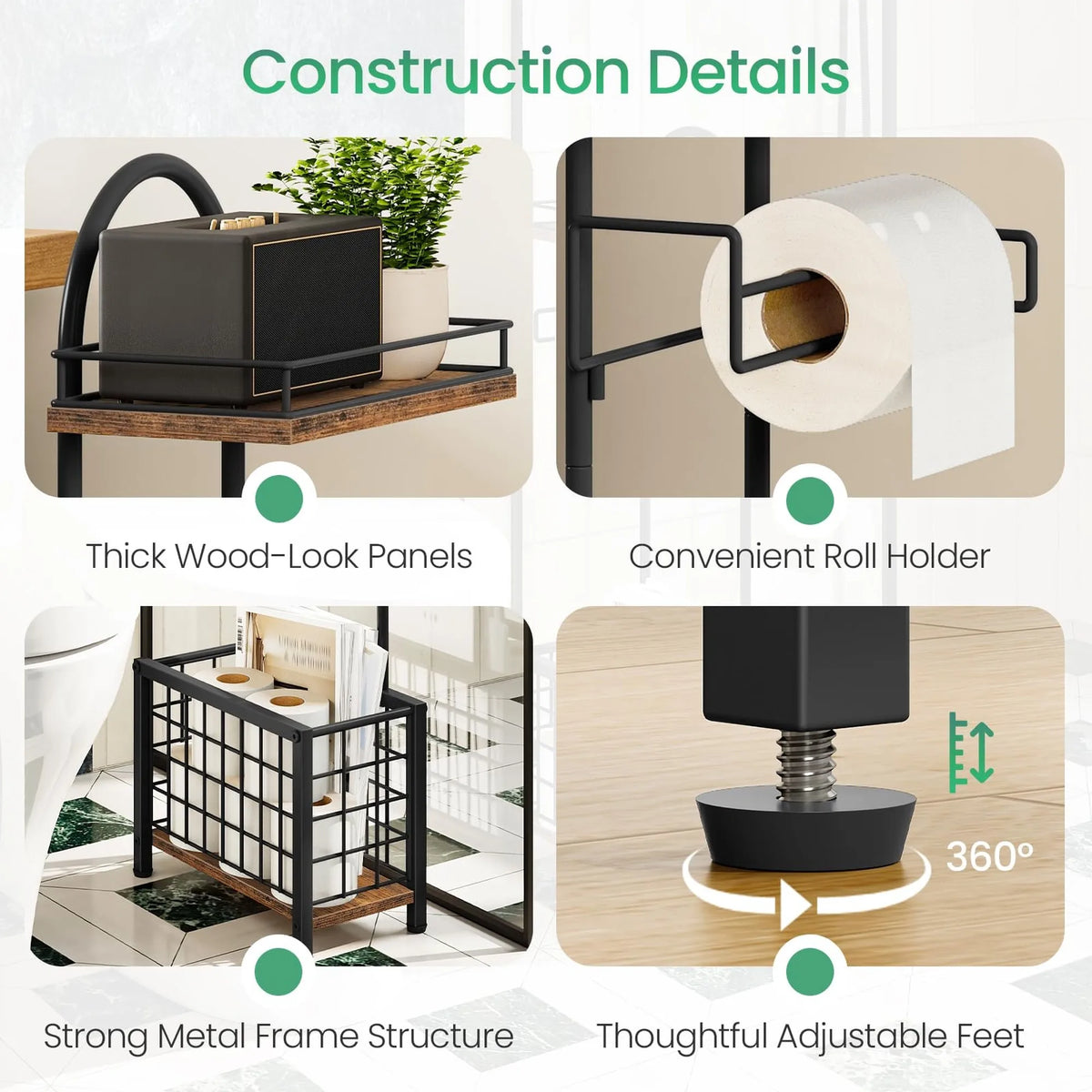Freestanding Iron Bathroom Toilet Paper Holder With Shelf And Basket