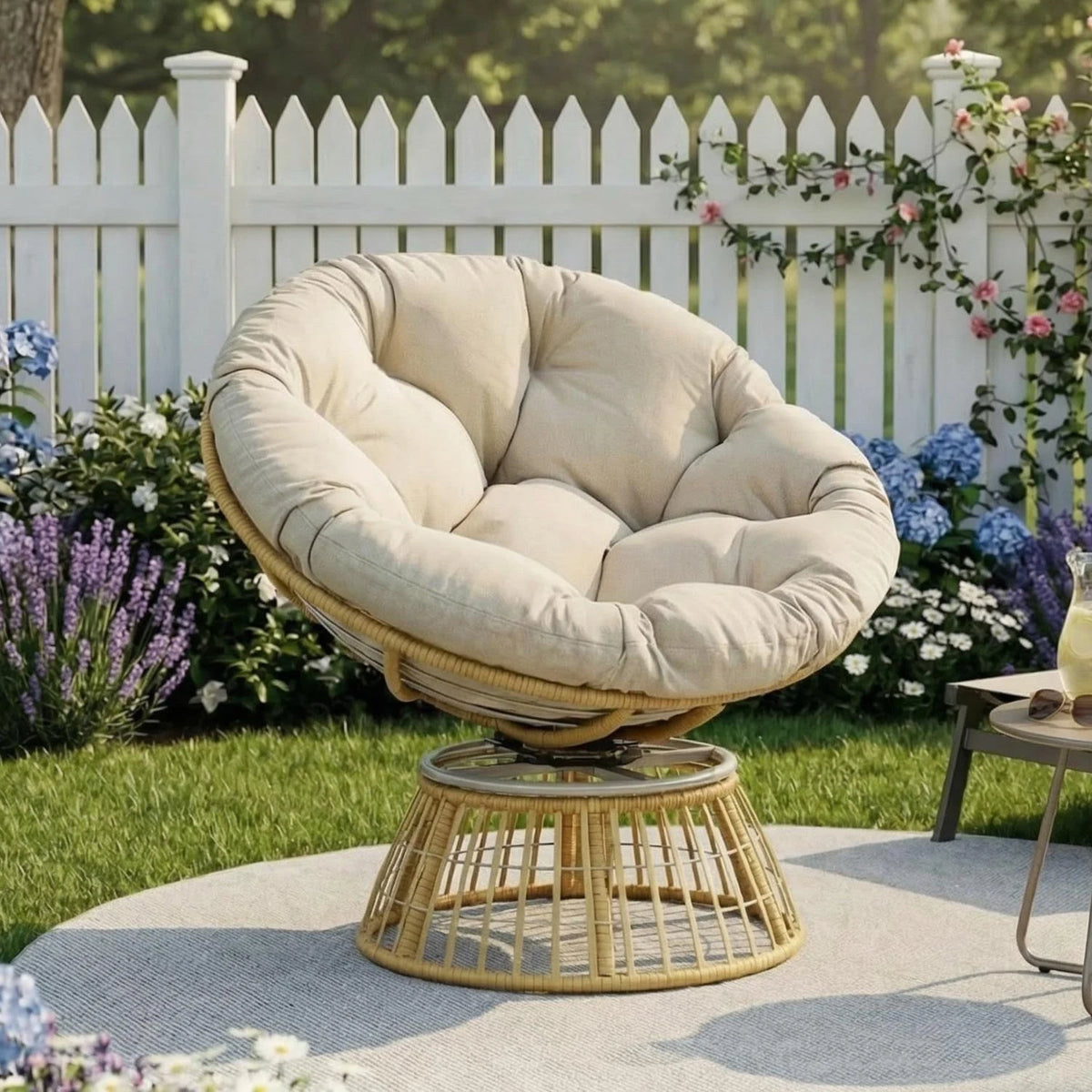 Swivel Outdoor Rattan Papasan Lounge Chair With Thick Cushion