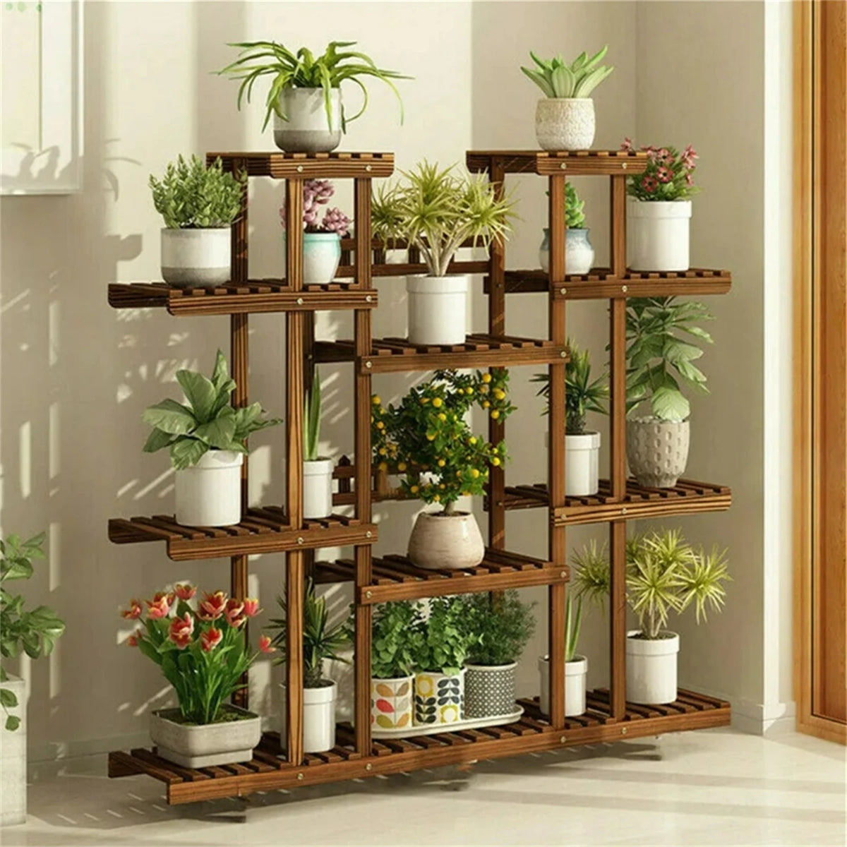 11 Tier Carbonized Wood Plant Stand Display Shelf Indoor Garden