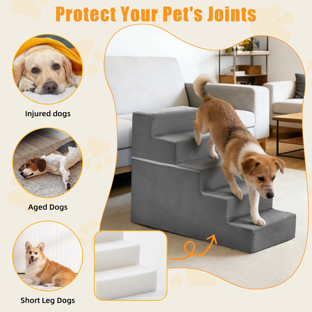 Jhk Curved Foam Pet Dog Stairs Ramp For Indoor Climbing