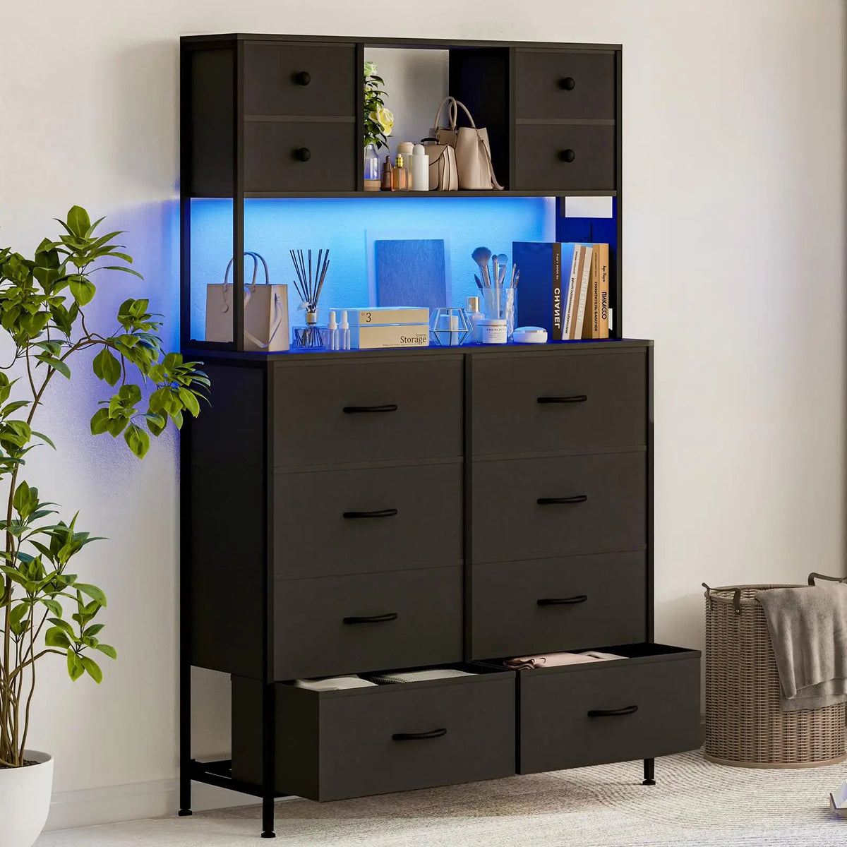 Drawer Dresser With Charging Station And LED Light For Bedroom