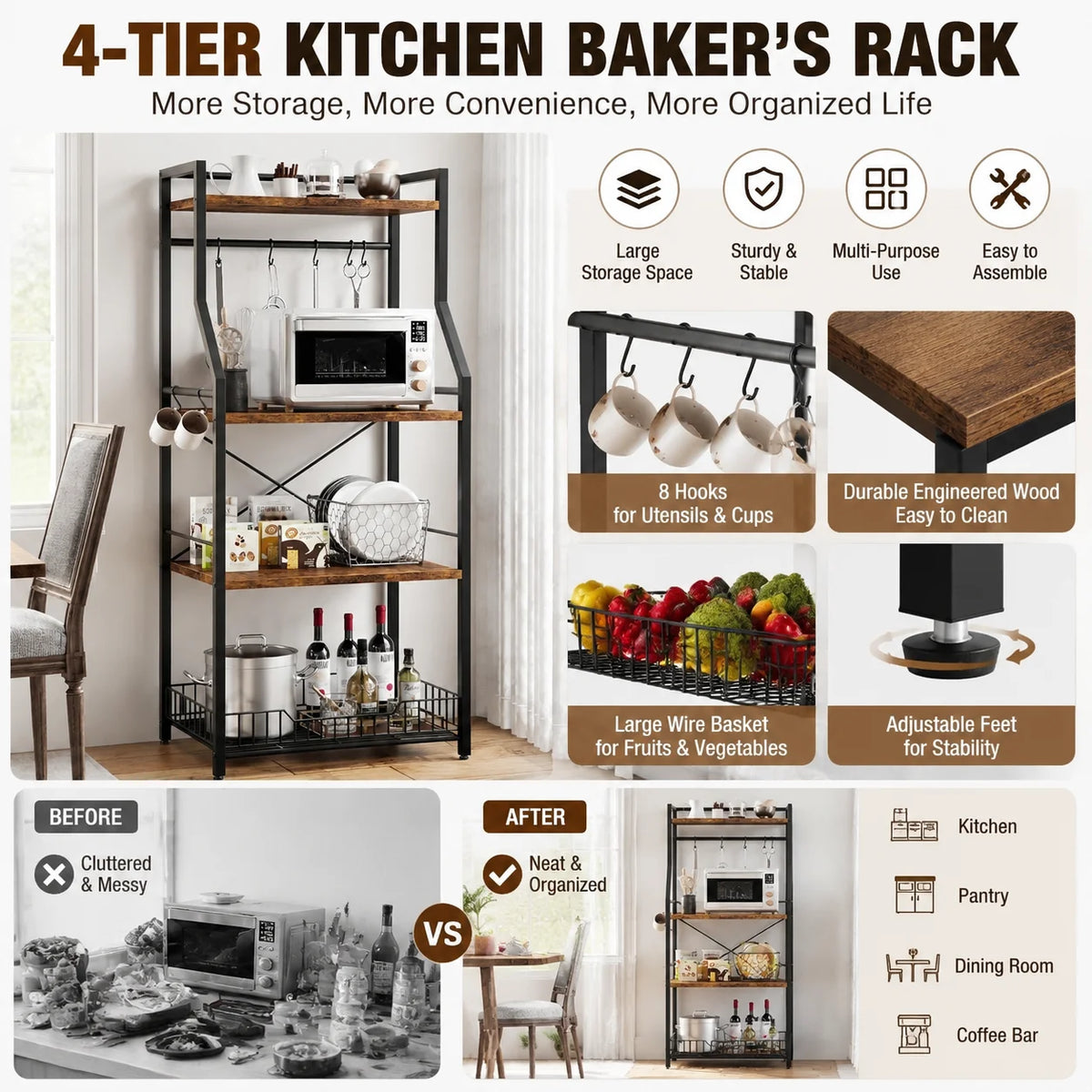 Freestanding Steel Kitchen Baker Rack With Microwave Stand And Shelf