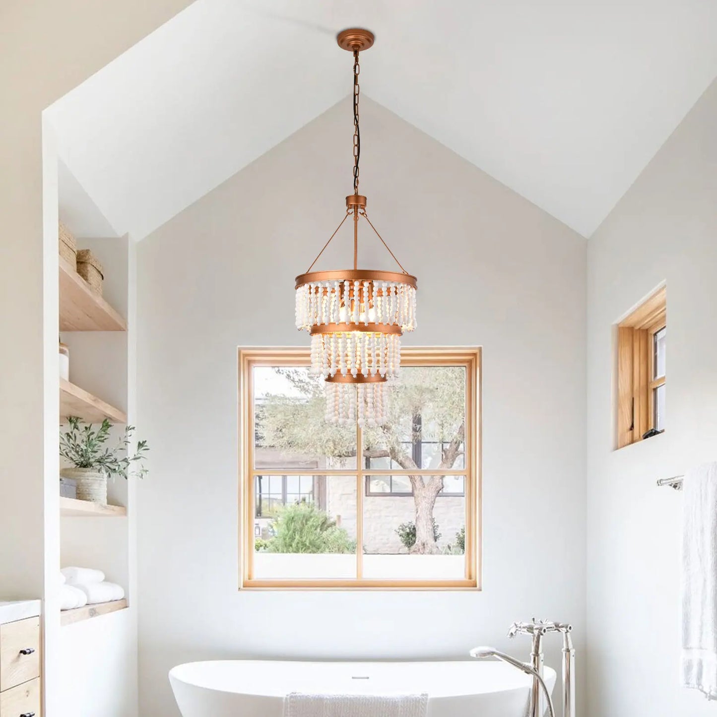 Elegant Adjustable Wood Bead Chandelier Five Light Ceiling Pendant