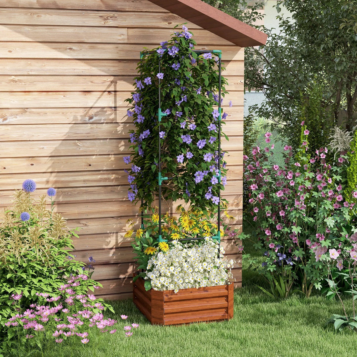 Outsunny Wooden Raised Garden Bed With Attached Tomato Cage
