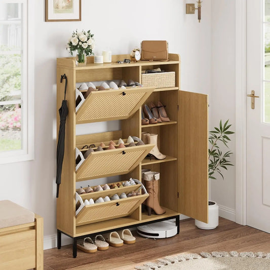 Garvee Wooden Shoe Cabinet With Flip Drawers And Rattan Doors
