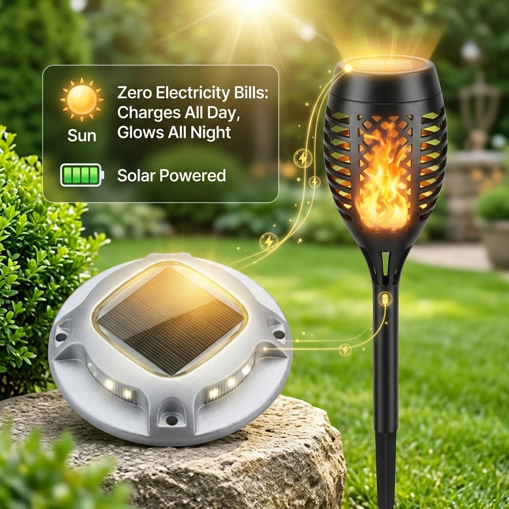 Solar Outdoor Garden Path Lights Featuring Flickering Flame Torch