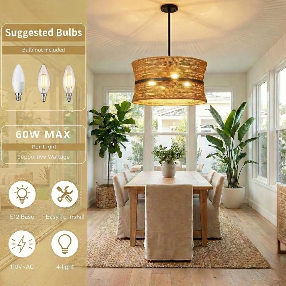 Handwoven Rattan Wicker Chandelier For Coastal Ceiling Pendant Lighting