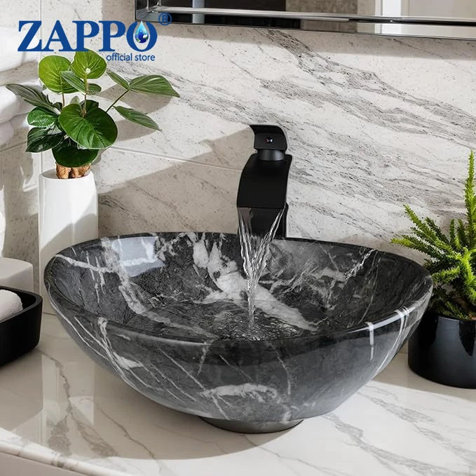 MEKKHALA Round Ceramic Vessel Sink Set Antique Brass Waterfall Faucet