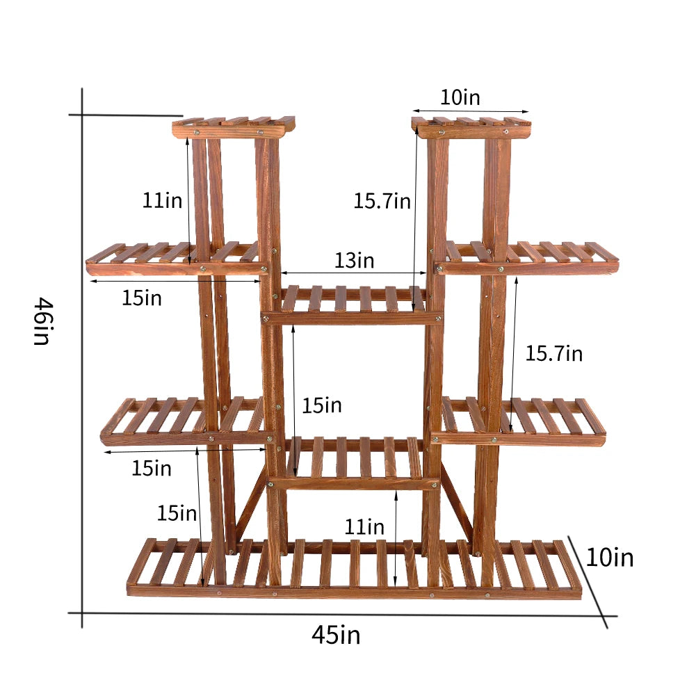 11 Tier Carbonized Wood Plant Stand Display Shelf Indoor Garden