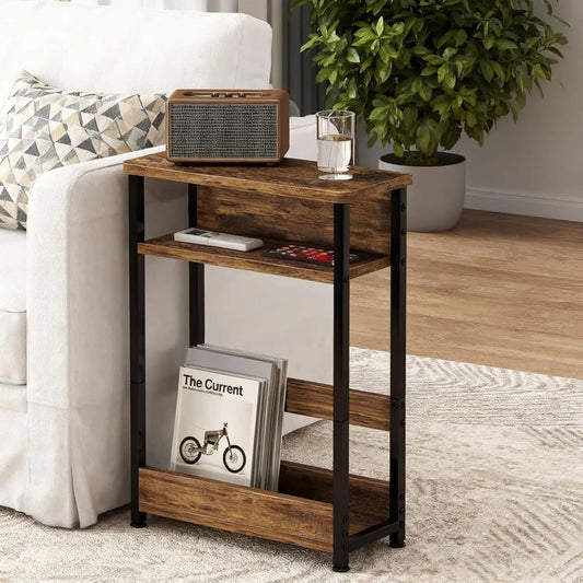 Three Tier Wooden Nightstand With Magazine Holder And Storage Shelf