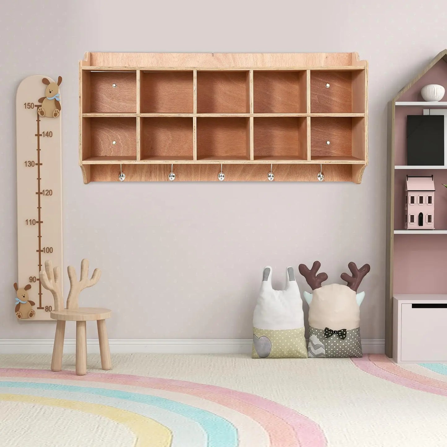 HiMISS Wall Mounted Wooden Kids Cubby Storage Organizer With Hooks