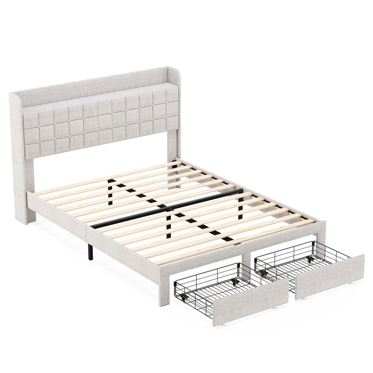 MCQ Upholstered Platform Bed Frame with Headboard and Storage Drawers