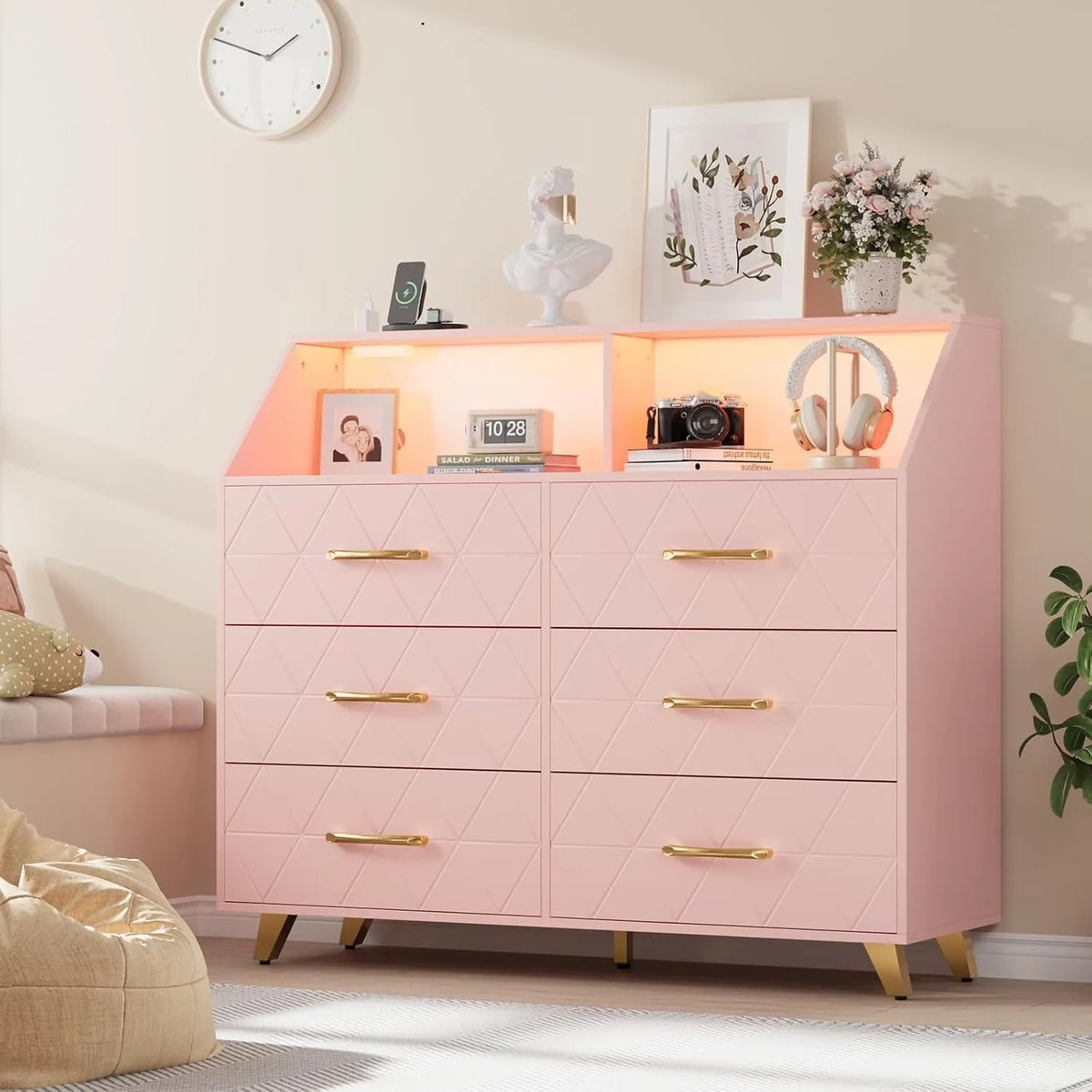 Modern Six Drawer Dresser With LED Lights And Charging Station