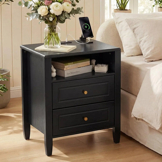 ANIXOL Charging Nightstand With Two Drawers And Open Shelf