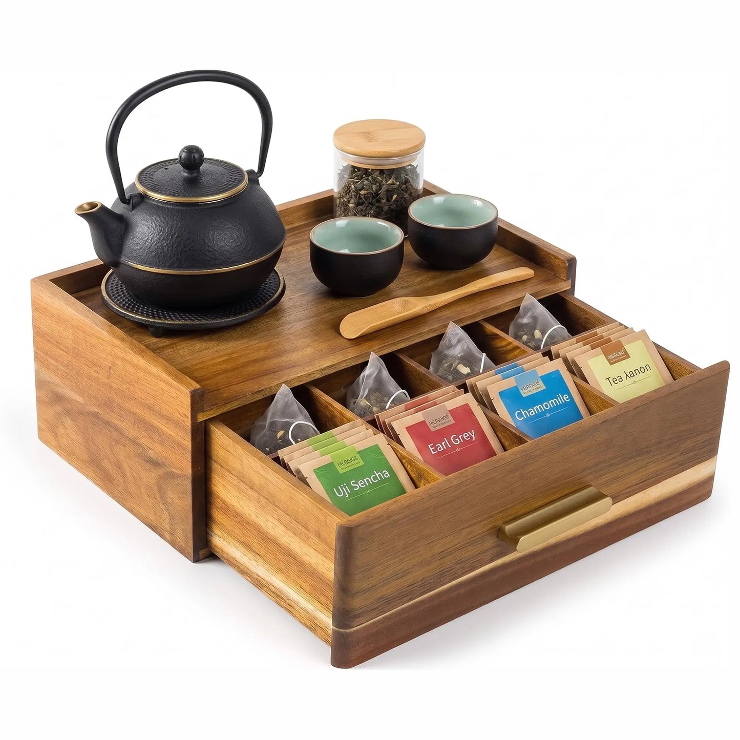 Wooden Tea Bag Organizer With Divided Compartments For Kitchen Storage