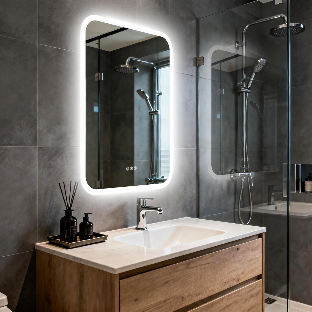 Smart LED Bathroom Mirror With Bluetooth Speakers And Dimmable Lighting
