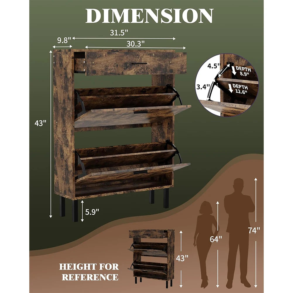 HiMISS Wood Shoe Cabinet With Dual Flip Drawers Entryway Organizer