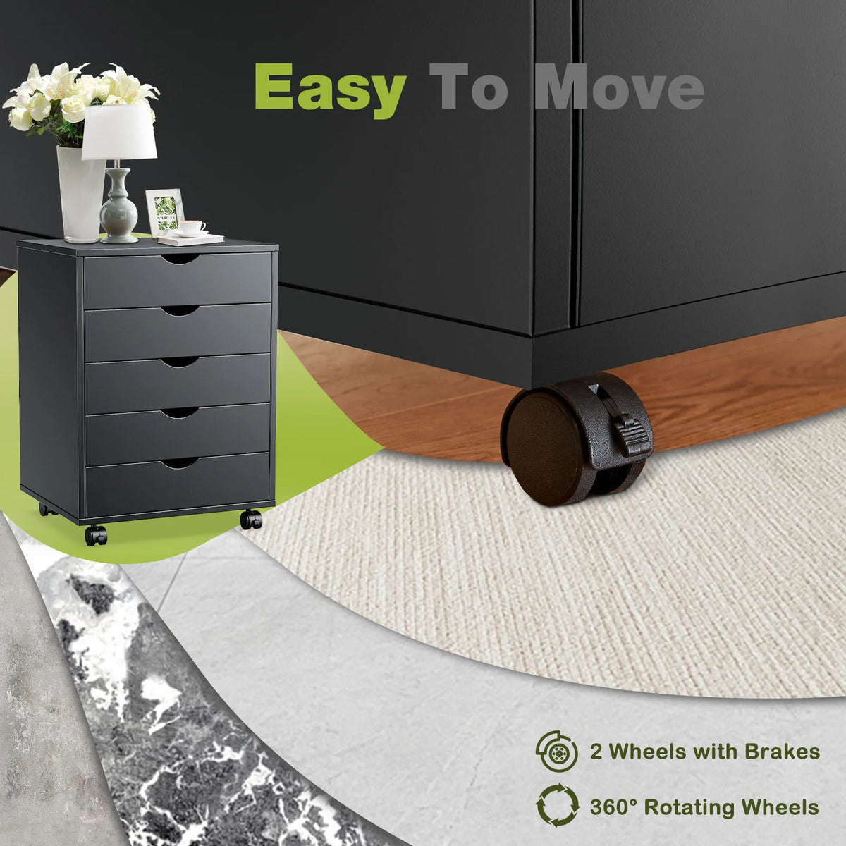 MCQ Wooden Rolling Storage Cabinet With Drawers For Living Room