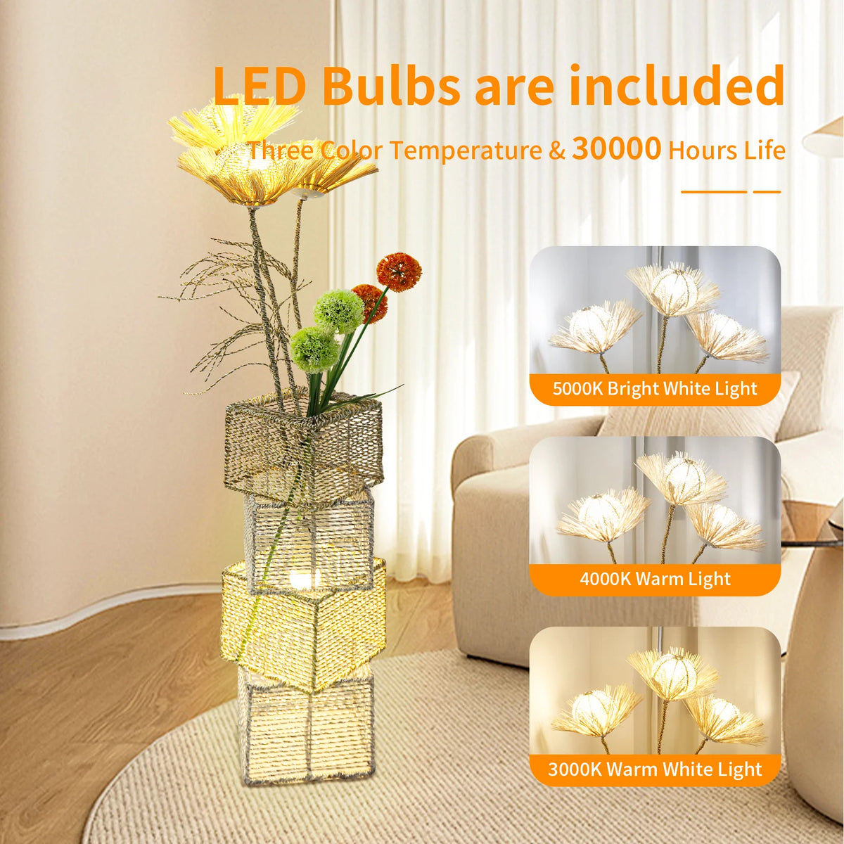 Modern Rattan Standing Floor Lamp With Dimmable Led Indoor Lighting