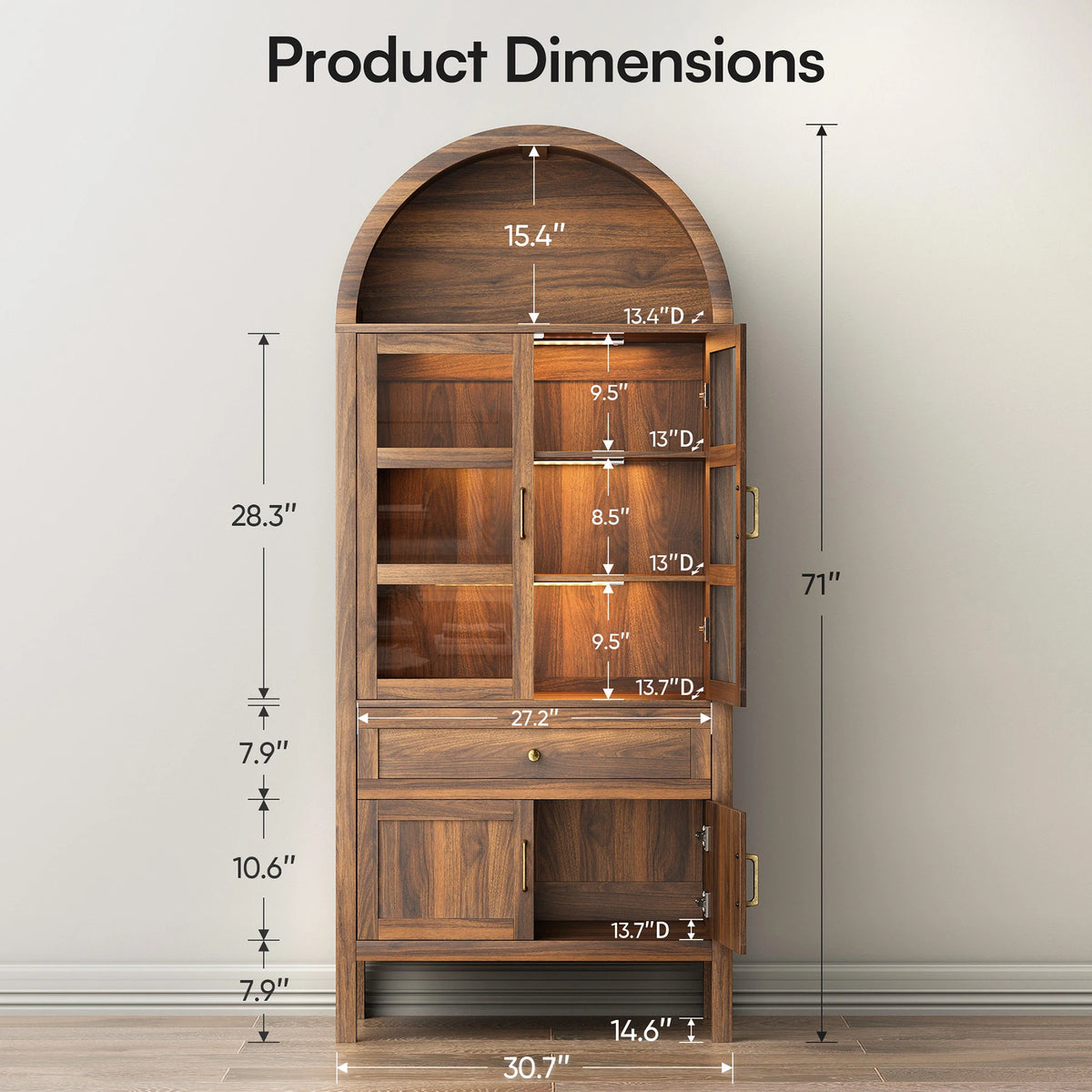 Cottinch Modern Arched Storage Cabinet With Adjustable Wooden Shelves