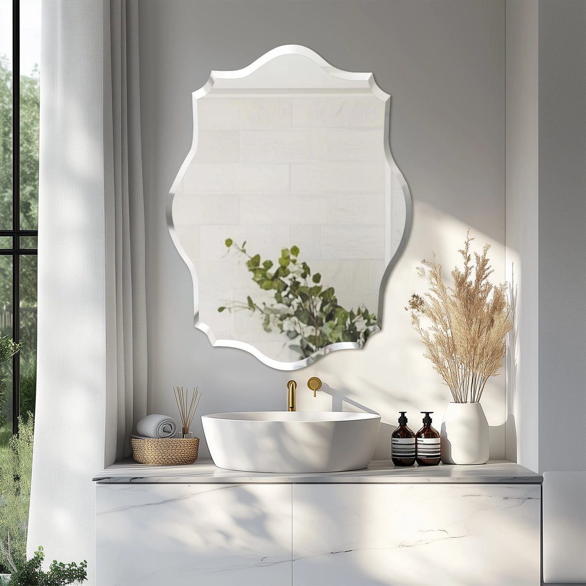 Wisfor Scalloped Frameless Beveled Wall Mirror For Bathroom Living Room