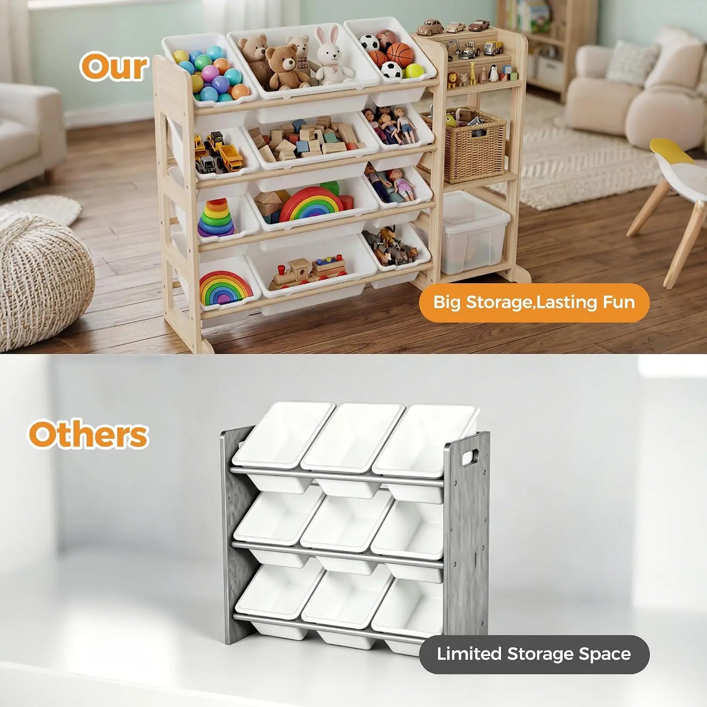 Tacleekii Toy Storage Shelf Featuring Plastic Bins And Wood Units