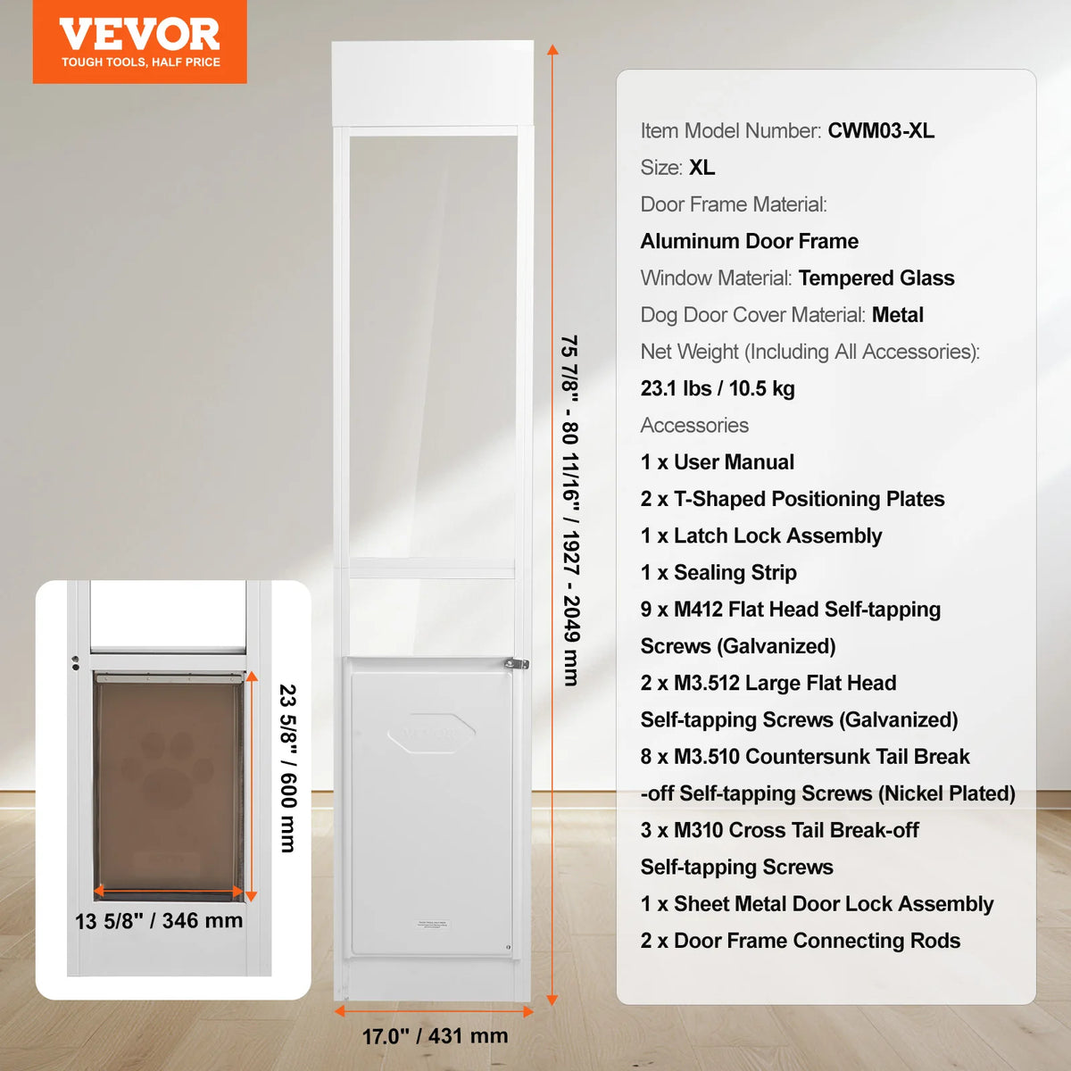 Adjustable Aluminum Frame Sliding Glass Pet Door System