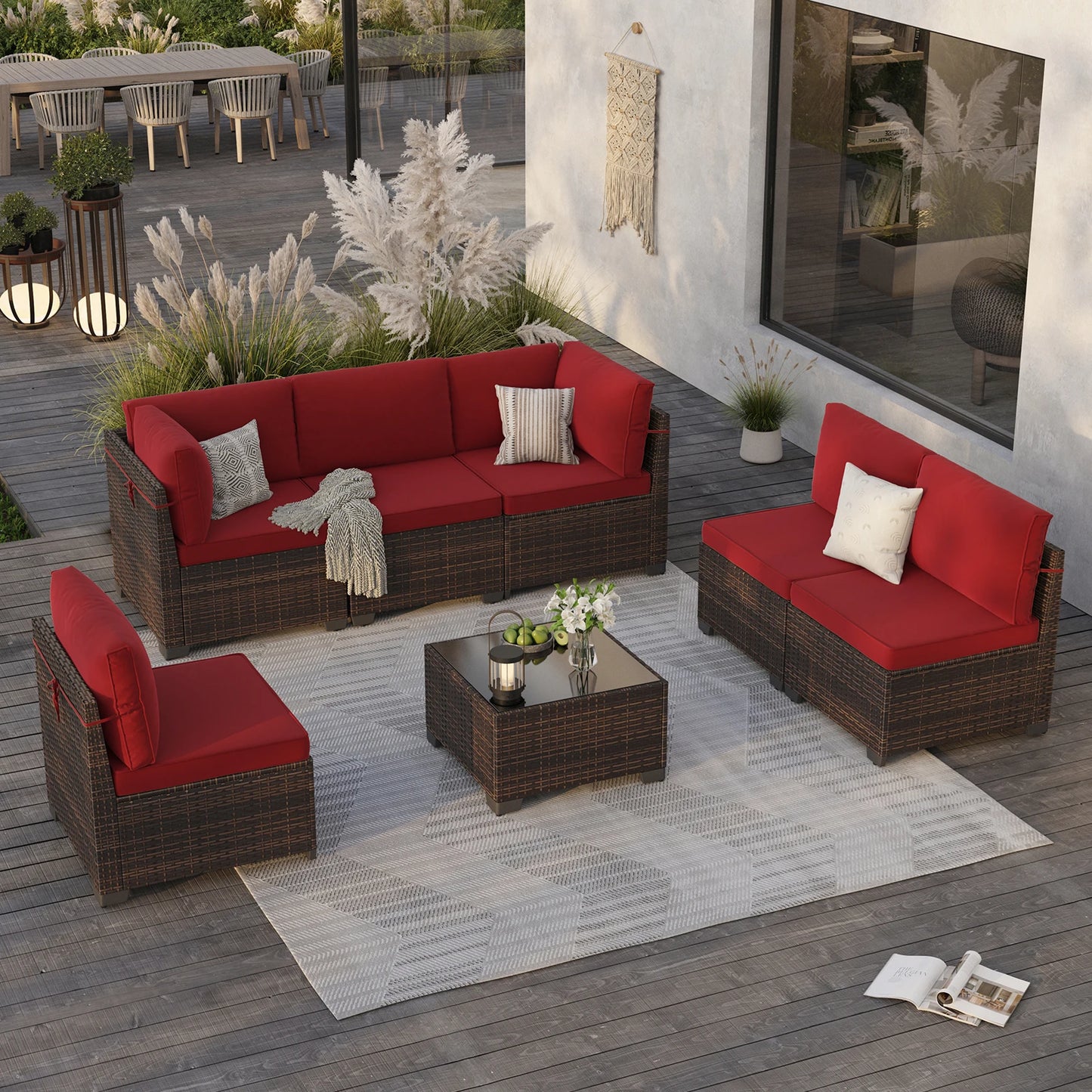 7 Piece Outdoor Rattan Patio Furniture Conversation Set