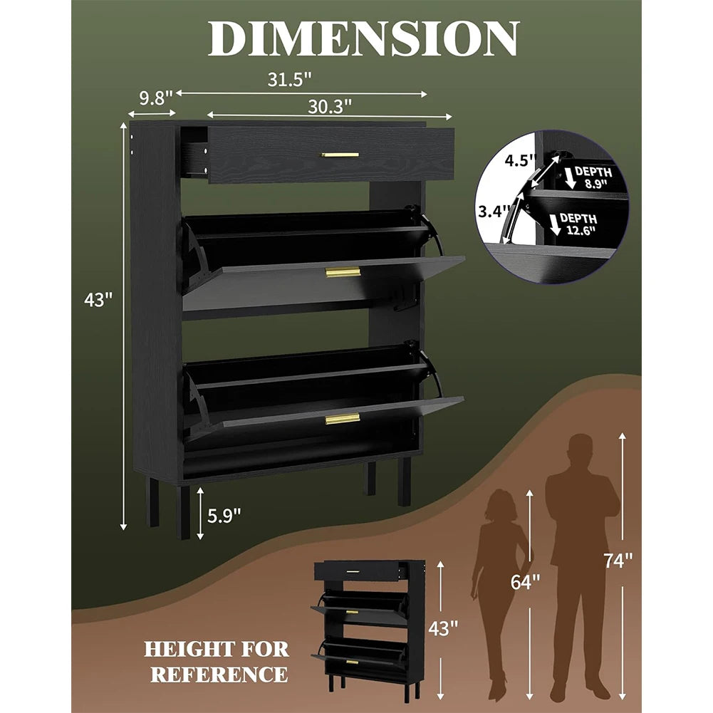 HiMISS Wood Shoe Cabinet With Dual Flip Drawers Entryway Organizer