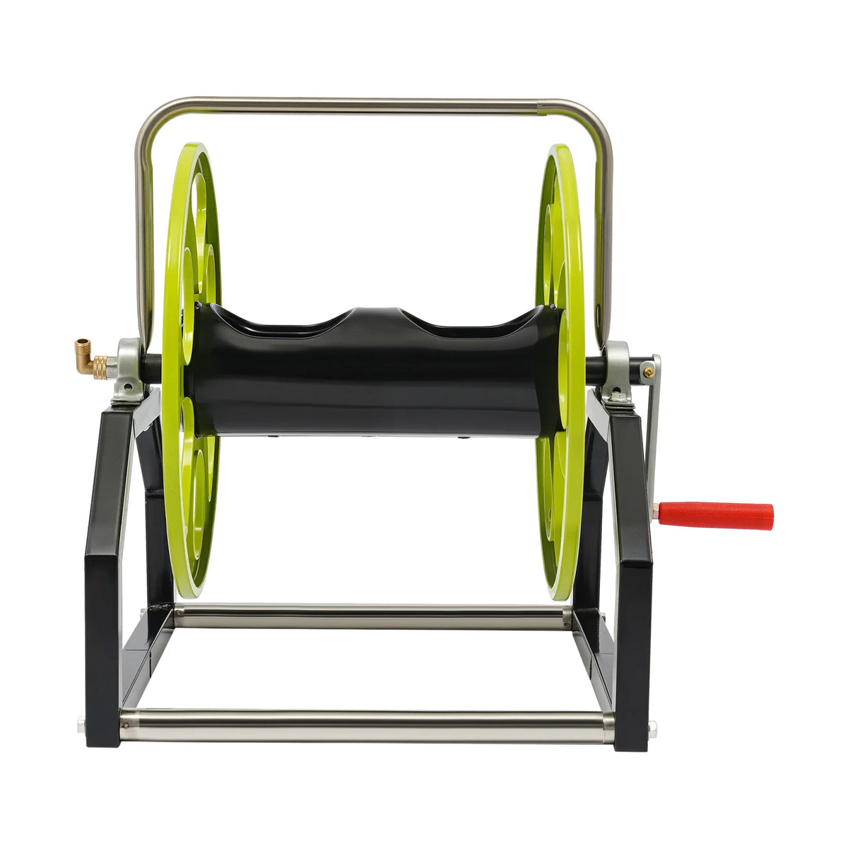 Metal Garden Hose Reel Featuring Crank Handle And Swivel Nozzle