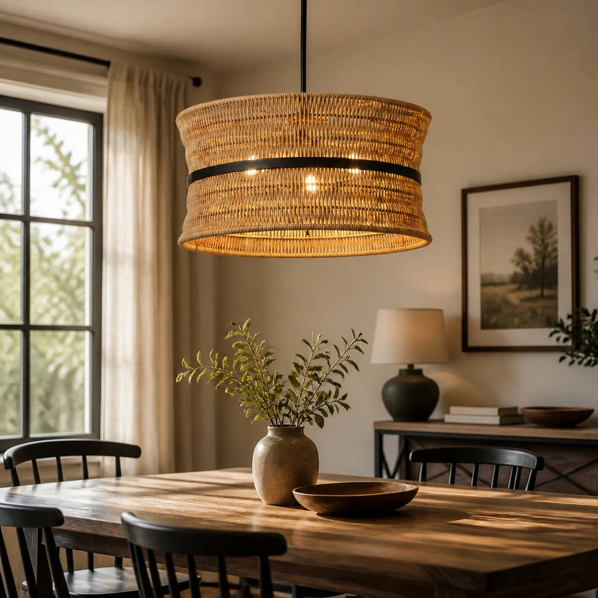 Handwoven Rattan Wicker Chandelier For Coastal Ceiling Pendant Lighting