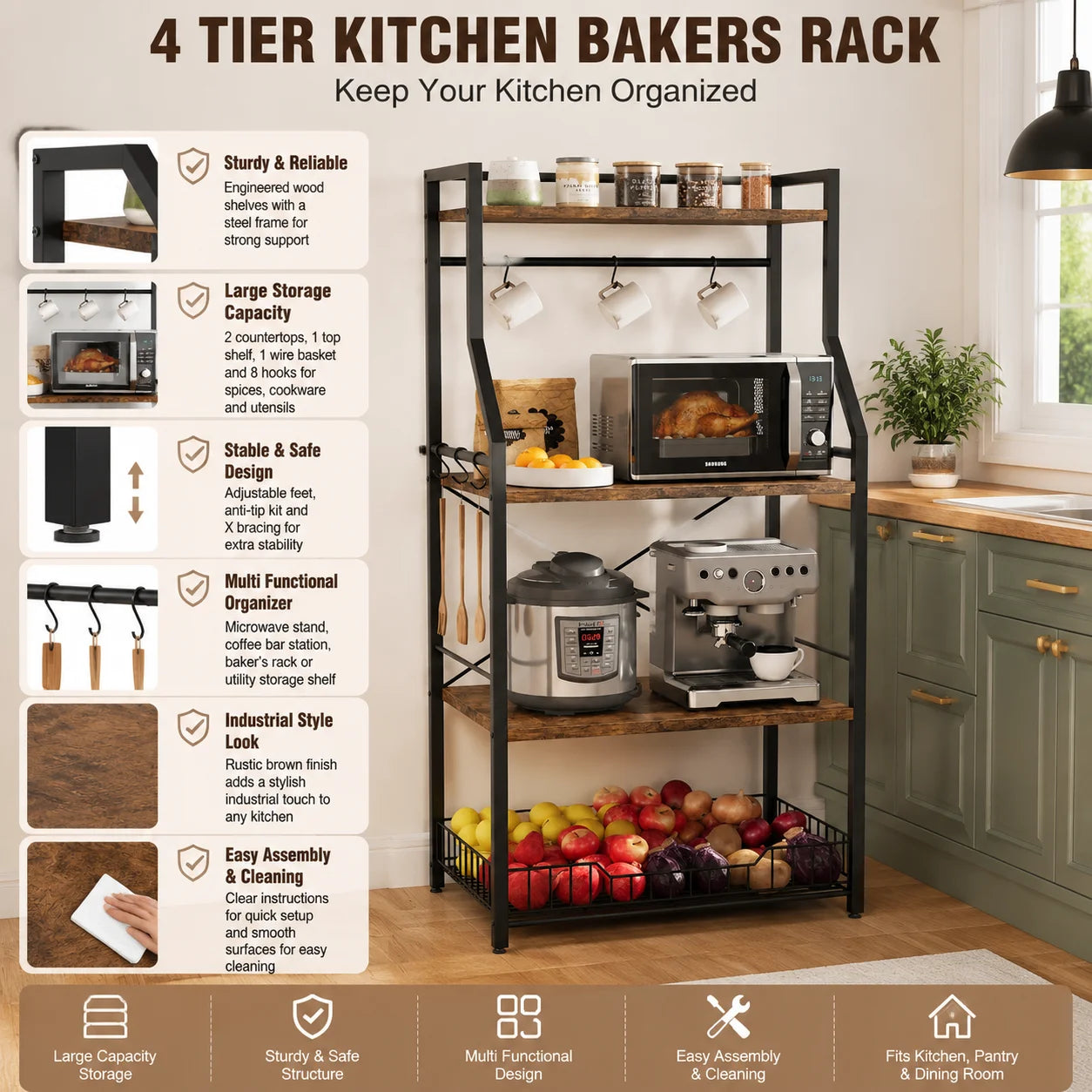 Freestanding Steel Kitchen Baker Rack With Microwave Stand And Shelf