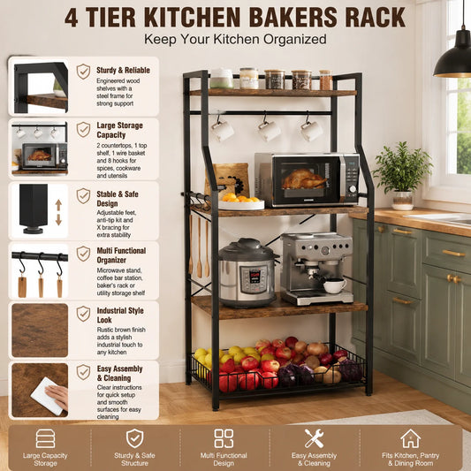 Freestanding Steel Kitchen Baker Rack With Microwave Stand And Shelf