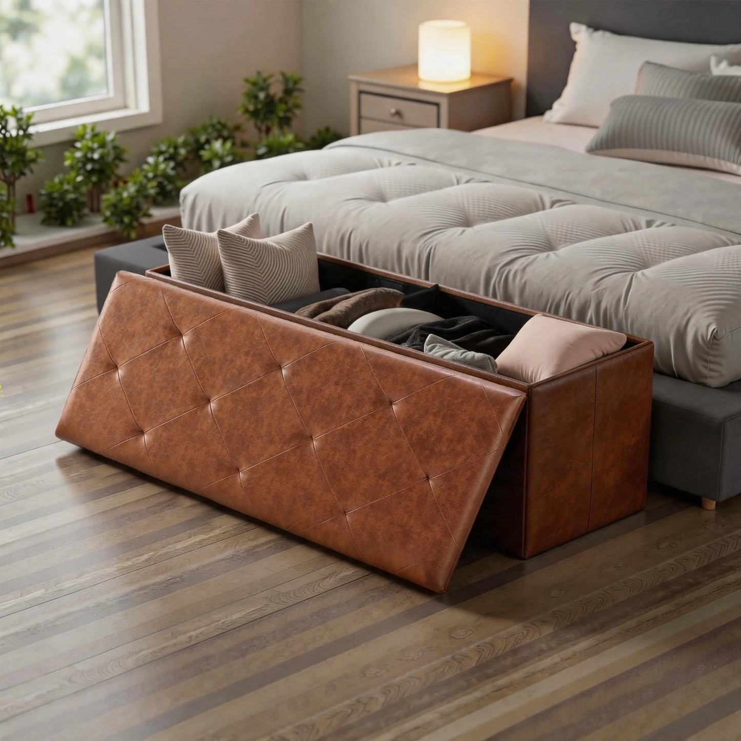 Folding Tufted Faux Leather Storage Bench With Hidden Compartment