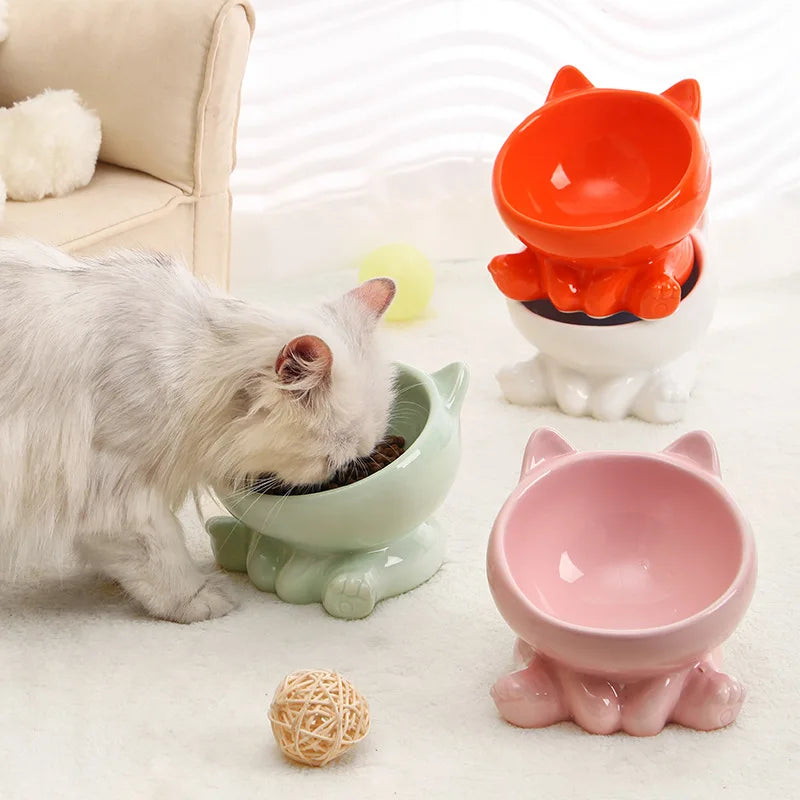 Ceramic Cat Bowl With Raised Neck Guard For Easy Eating