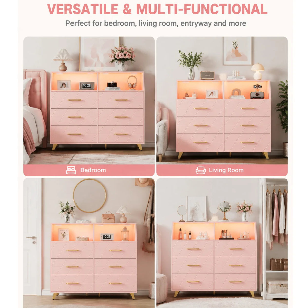 Modern Six Drawer Dresser With LED Lights And Charging Station