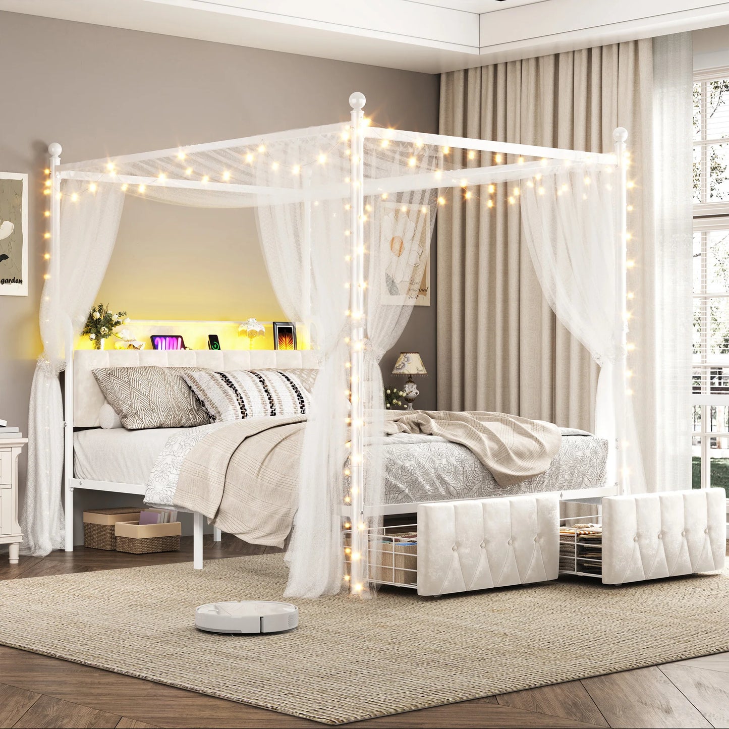 EnHomee Canopy Bed With LED Lights Charging Station Two Drawers