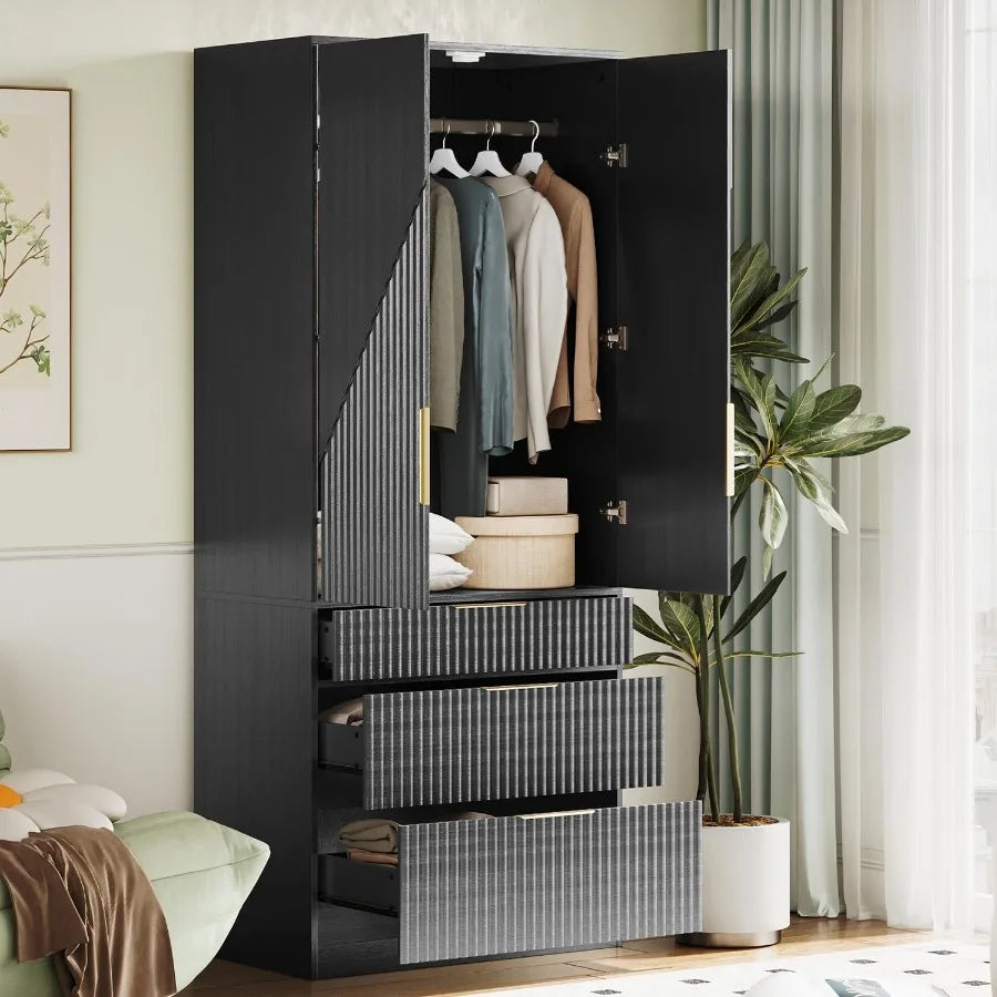 Wooden Wardrobe Armoire With Doors Drawers And Hanging Rod Storage