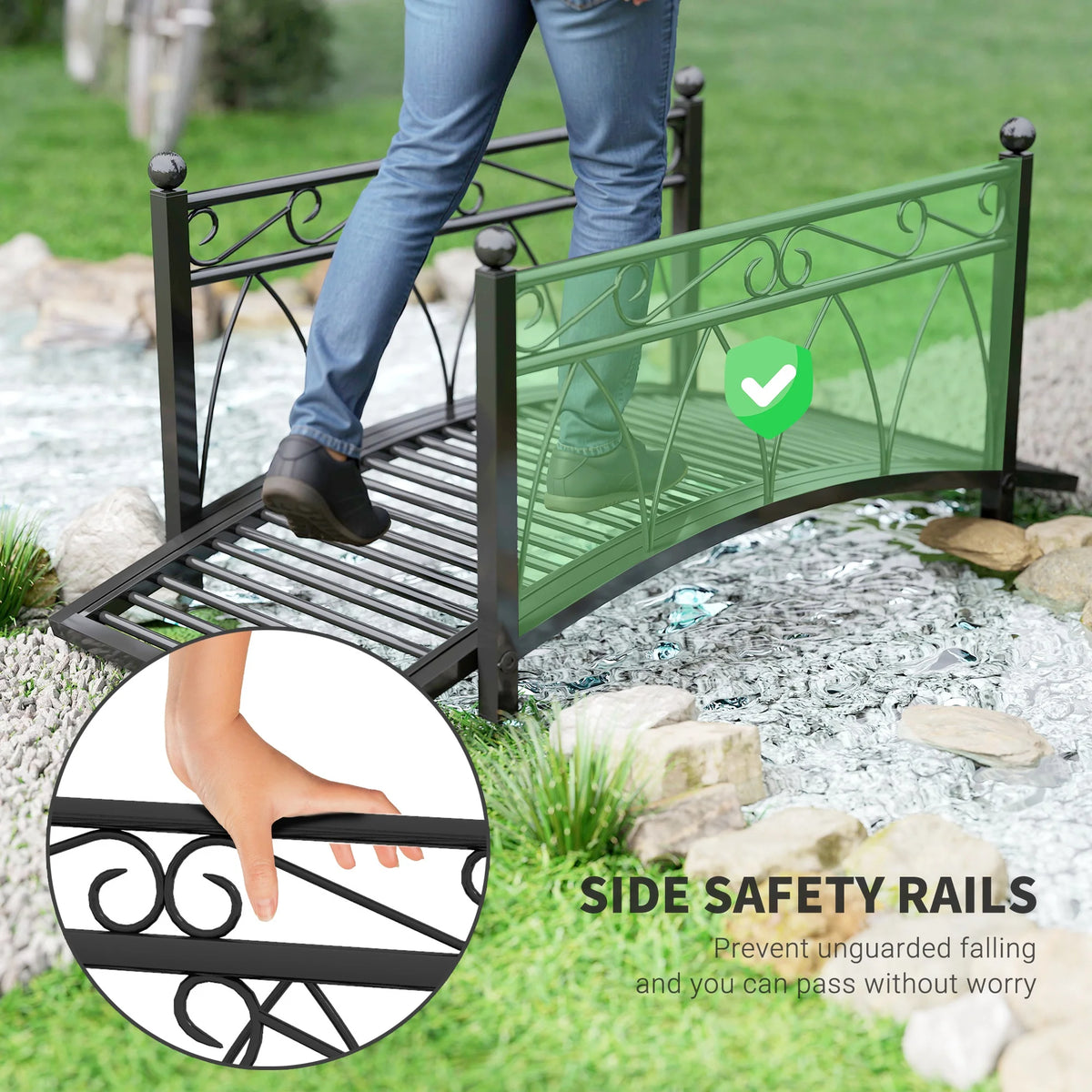 Antique Metal Garden Bridge With Safety Railings For Backyard Pond