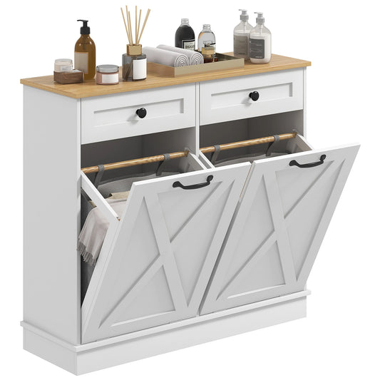 HOMCOM Double Tilt Out Laundry Hamper Cabinet With Drawers