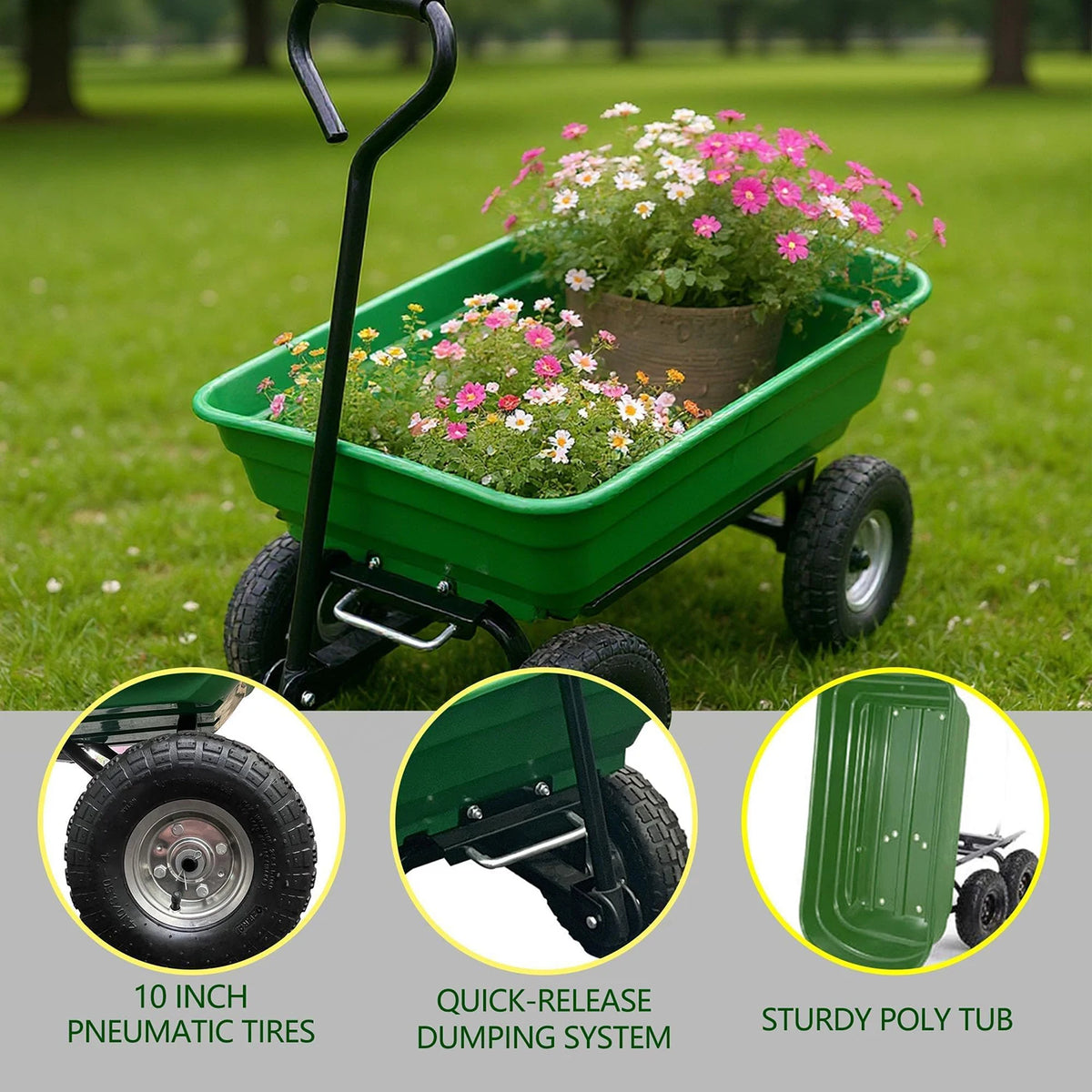 HiMiss Heavy Duty Four Wheel Utility Garden Dump Cart