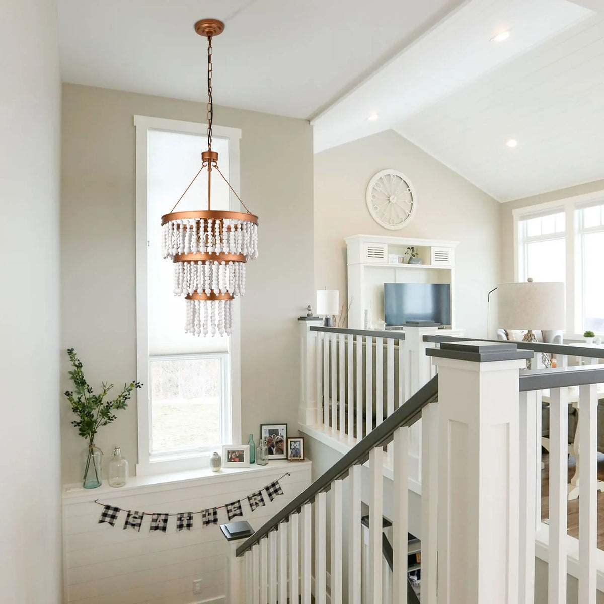 Elegant Adjustable Wood Bead Chandelier Five Light Ceiling Pendant