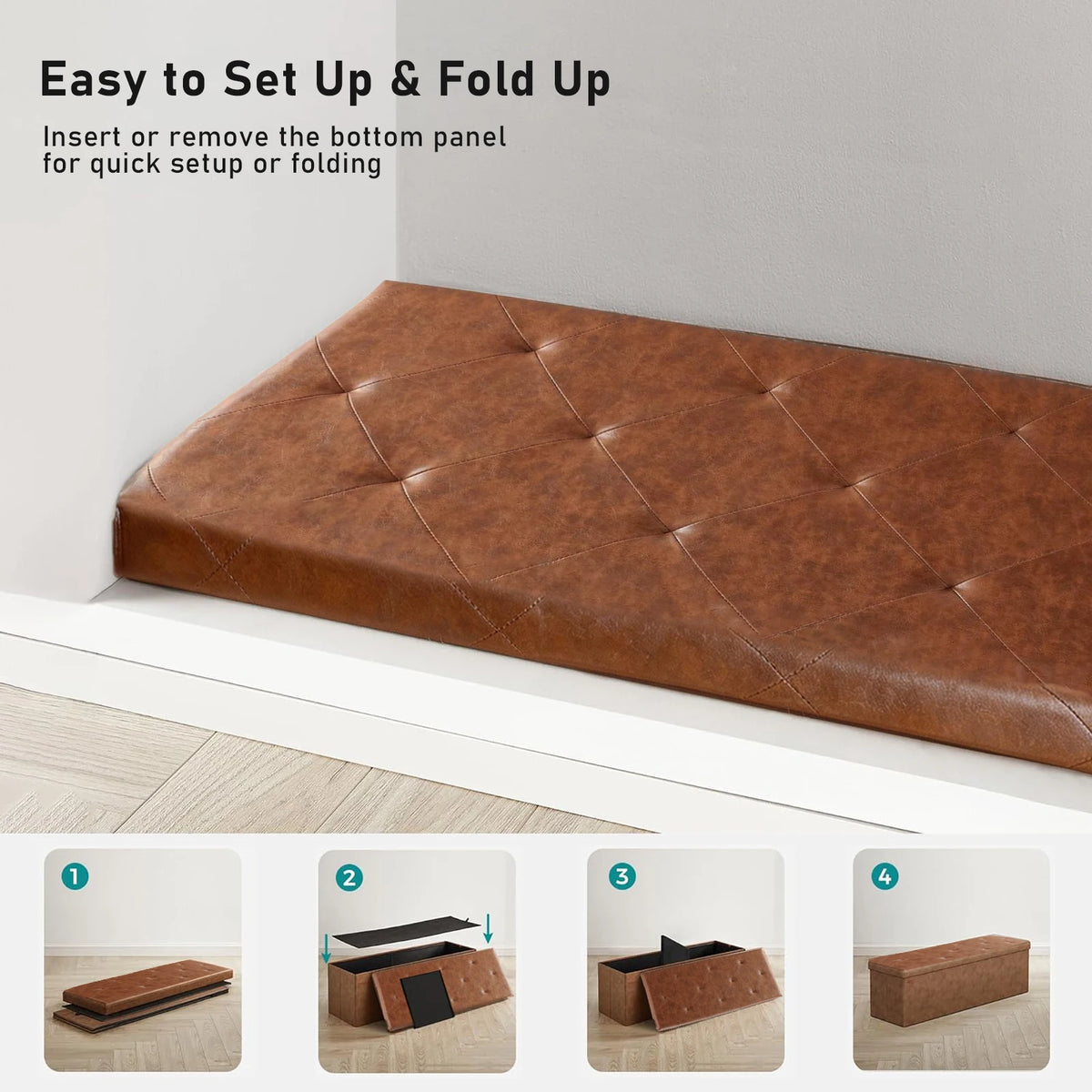 Folding Tufted Faux Leather Storage Bench With Hidden Compartment
