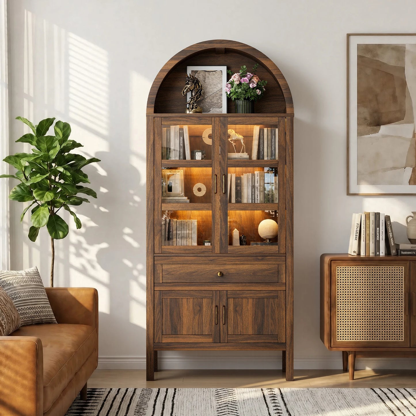 Cottinch Modern Arched Storage Cabinet With Adjustable Wooden Shelves