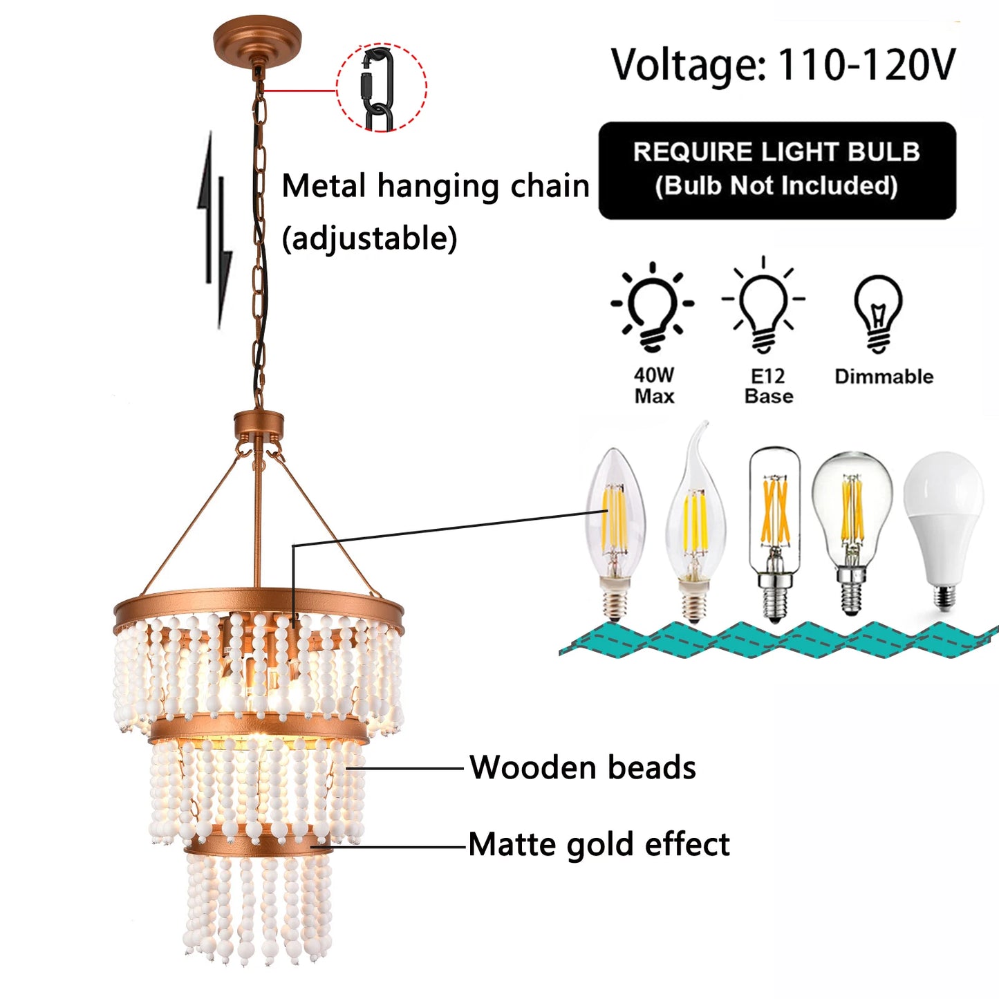 Elegant Adjustable Wood Bead Chandelier Five Light Ceiling Pendant