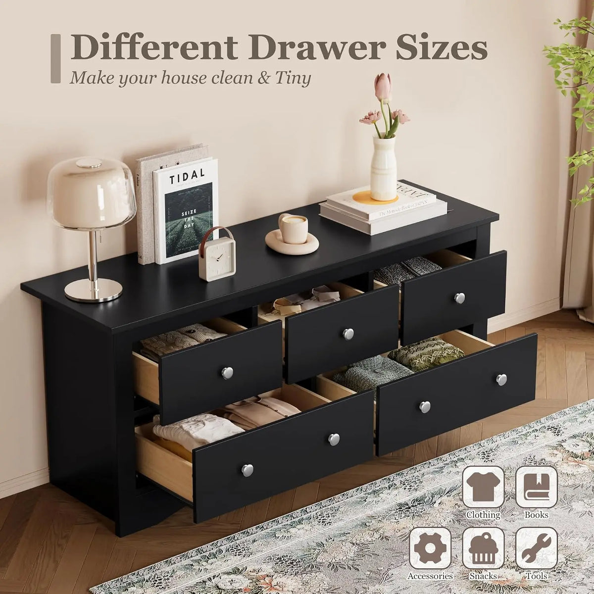 Five Drawer Wood Dresser And Media Storage Console Table