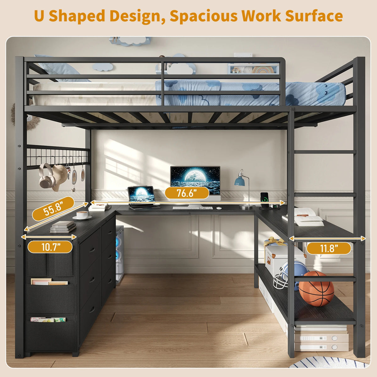 Yanosaku Multifunctional Loft Bed With Desk, Drawers And LED Lighting